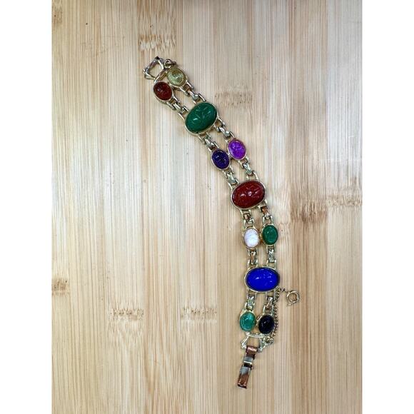 Vintage Scarab Beetle Bracelet Multi Stone Egyptian Revival Gold Tone80 - Picture 3 of 4